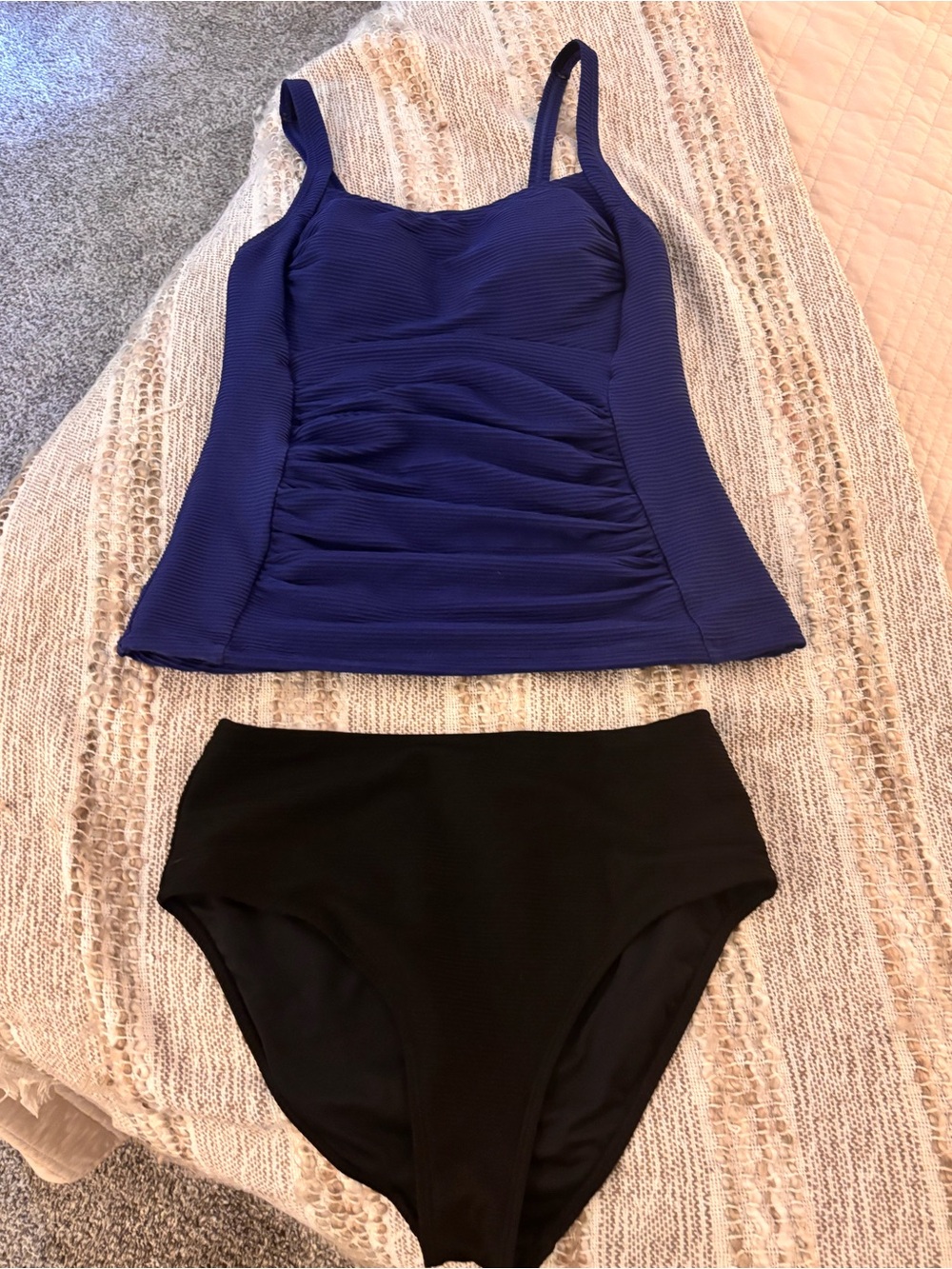 Cupshe Navy Ruched Tankini Top with Black High-Waist Bottoms